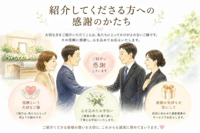 紹介してくださる方への感謝を込めて、家族葬で必要な支えを届ける様子を描いたイラスト