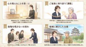 「私たちが大切にしていること」と題された4つのイラストパネル。一 心を整えることを第一に。葬儀の形よりも、心の整理を大切にします。ご遺族が「没頭」できる環境を作ります。二 ご家族に寄り添う「調整」。不安や迷い、人間関係の悩みもそのままお話しください。私たちが受け止め、整えます。三 後悔を残さないお別れ。手をかけることが供養につながるよう、丁寧に支えます。四 地域に根ざした支援。弘前の風土と人の温かさを大切にし、安心して相談できる存在を目指します。