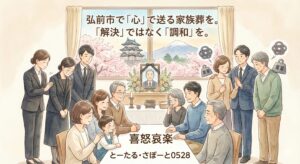 弘前市の家族葬イラスト。「心」で送る、「解決」ではなく「調和」を重視した葬儀の様子。喜怒哀楽の感情を見せる遺族と、それを調整・支援する「とーたる・さぽーと0528」のスタッフ。背景に弘前城と岩木山。