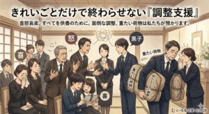 家族葬における「調整支援」のイラスト。喜怒哀楽の様々な感情を見せる遺族の間に入り、「黒子」として人間関係の摩擦を調整したり、「重たい荷物」や「めんどくさい調整」と書かれた荷物を代わりに運んだりする「とーたる・さぽーと0528」のスタッフの様子が描かれている。